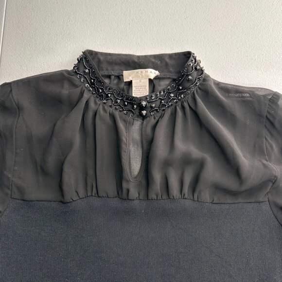 Kenar Beaded Collar Neck Black Short Sleeve Top S Elegant Style Smocked Stretch - Picture 6 of 9